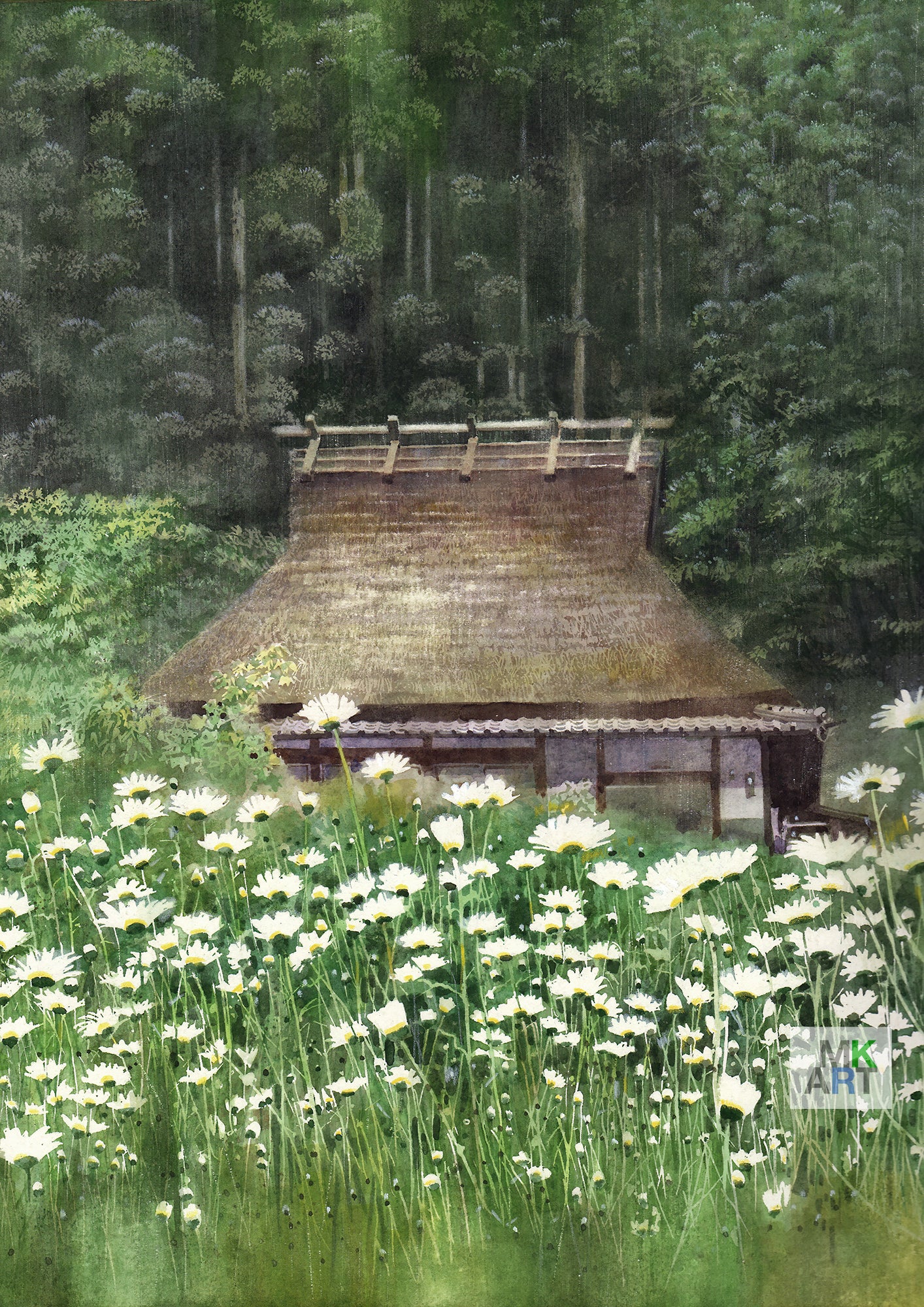 1. White flowers and thatched roof house