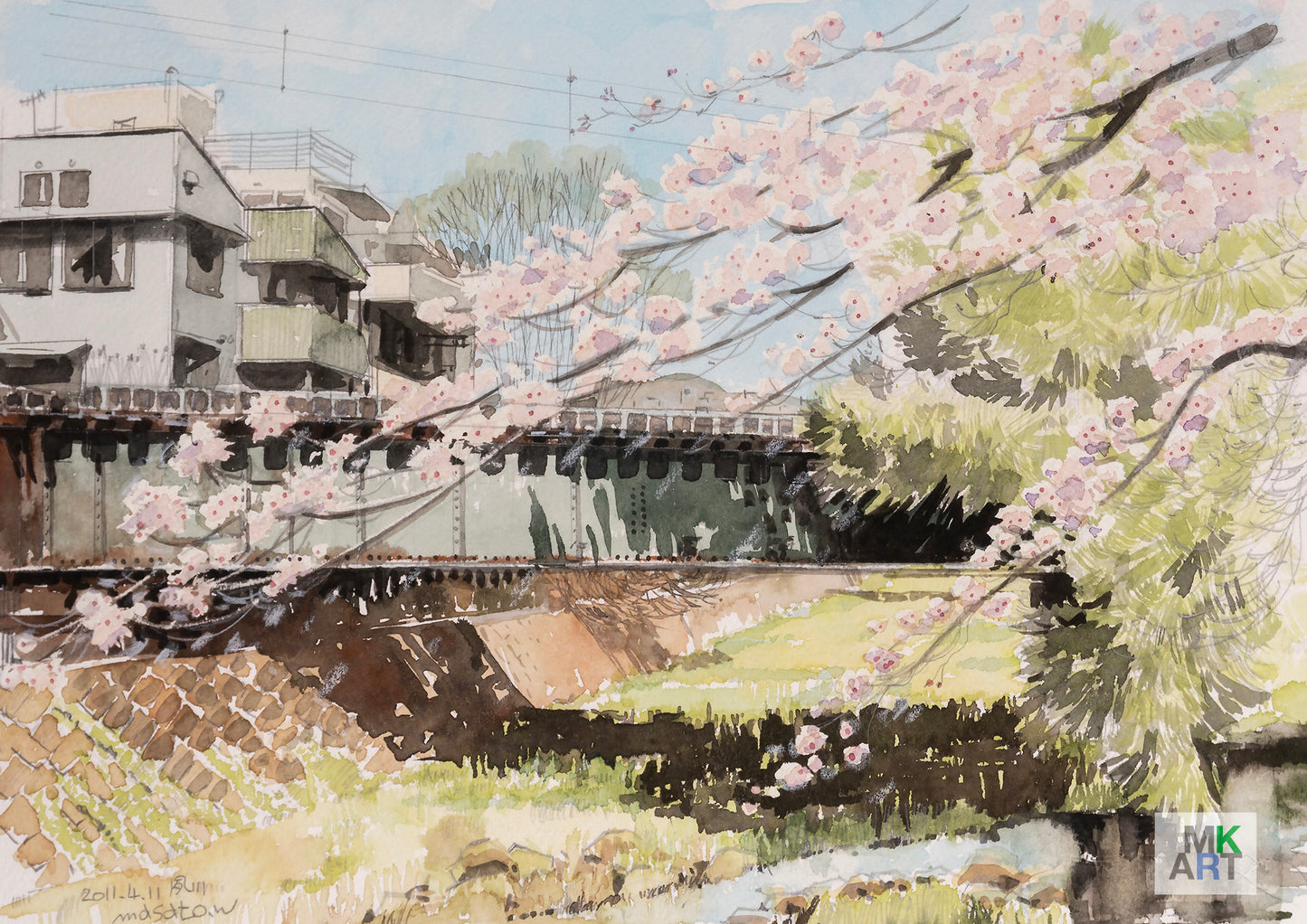 SK. Sketch of cherry blossoms and river