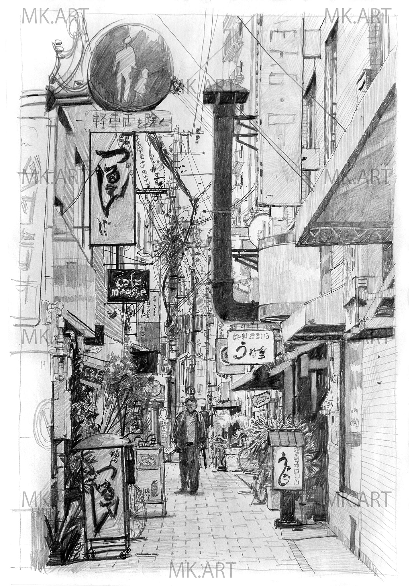 P. Crowded alley scene